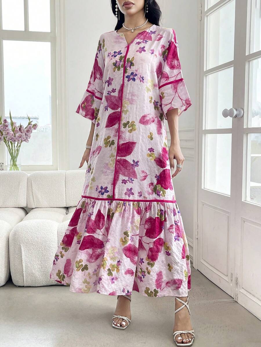 Split Neck Floral Half Sleeve Tiered Ruffle Loose Maxi Dress