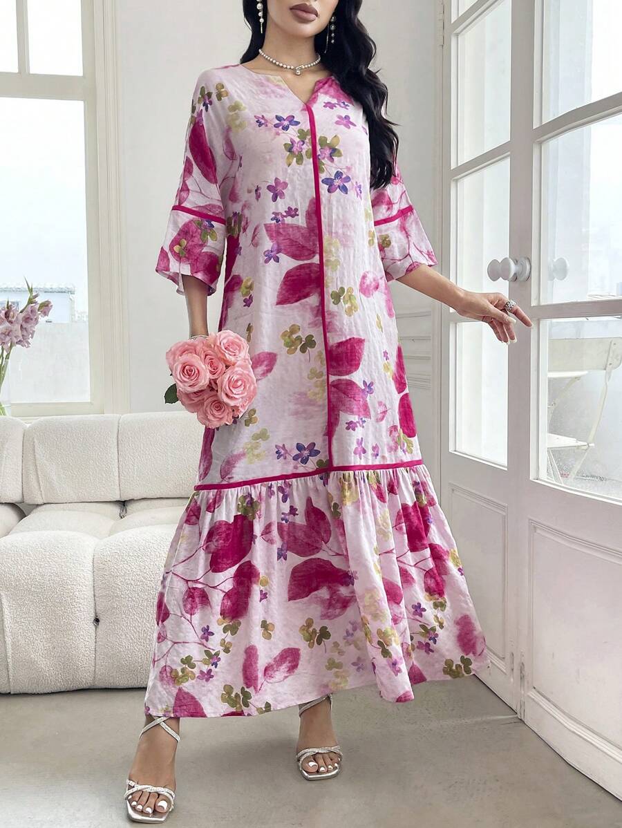 Split Neck Floral Half Sleeve Tiered Ruffle Loose Maxi Dress