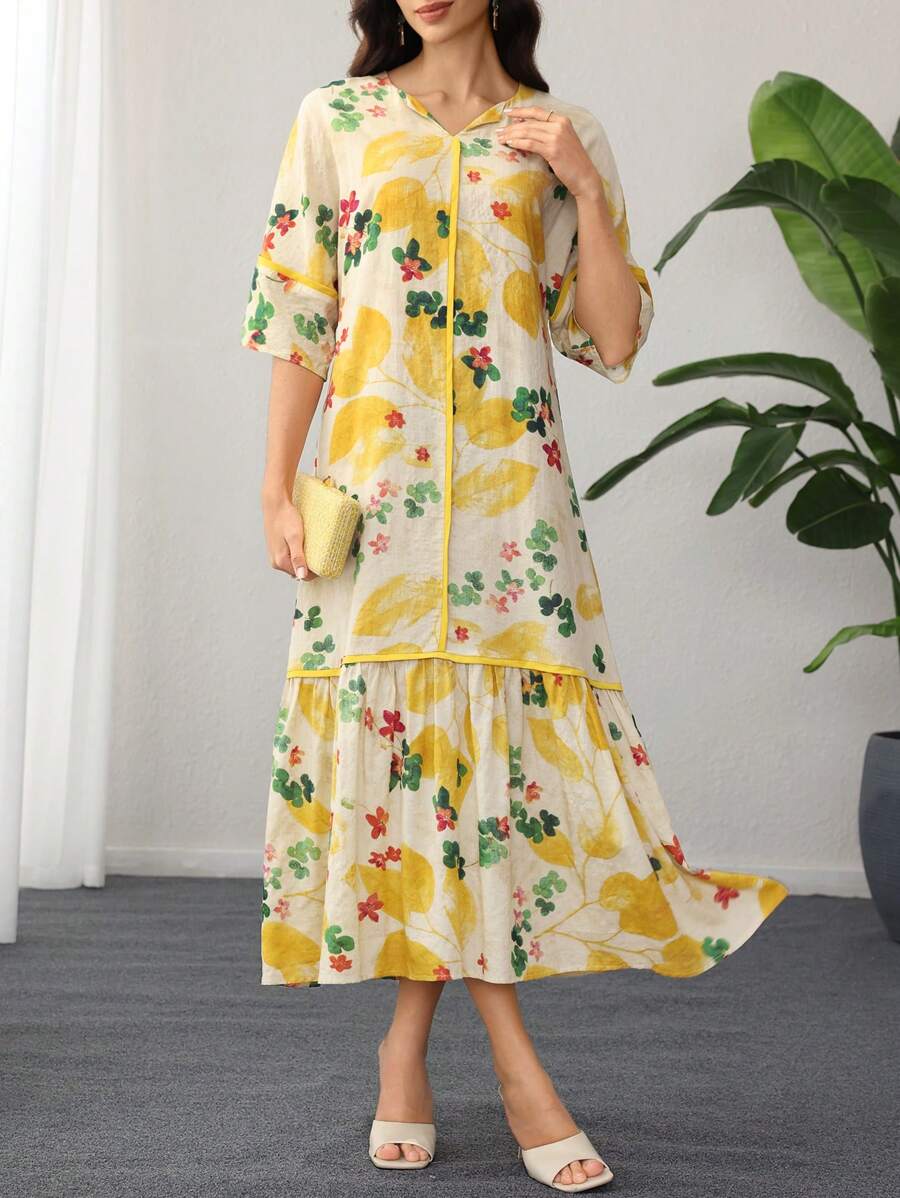 Split Neck Floral Half Sleeve Tiered Ruffle Loose Maxi Dress