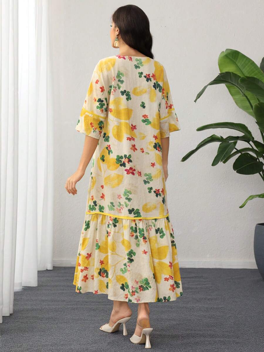 Split Neck Floral Half Sleeve Tiered Ruffle Loose Maxi Dress