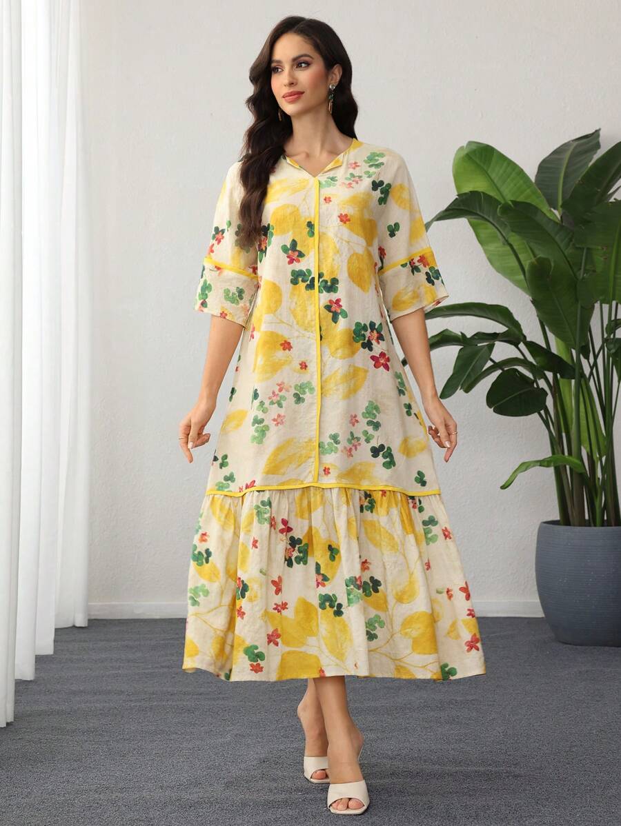 Split Neck Floral Half Sleeve Tiered Ruffle Loose Maxi Dress