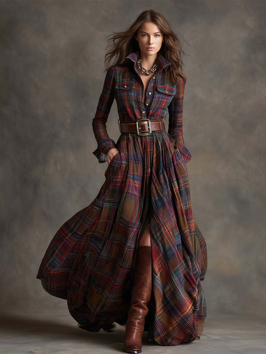 Collared Plaid Belted Long Sleeve High Slit Shirt Maxi Dress
