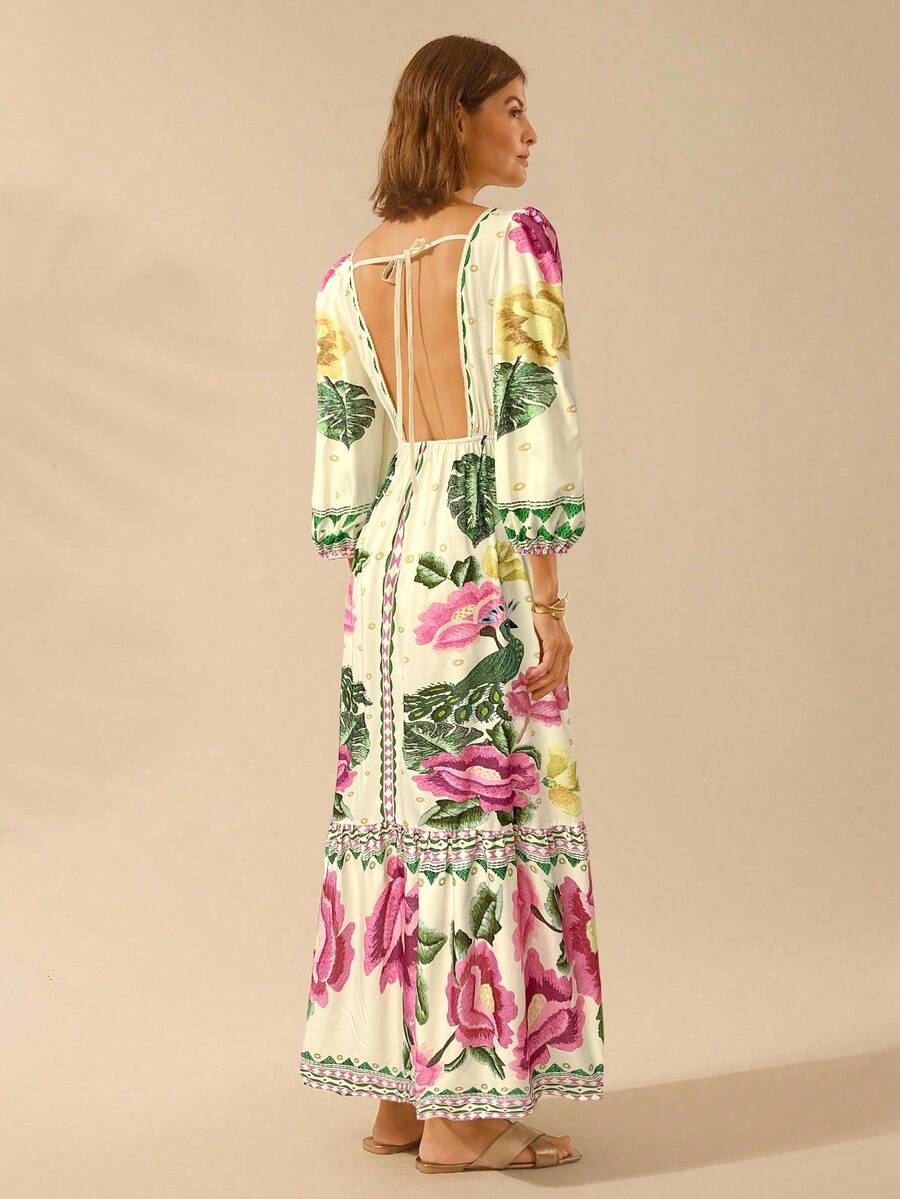 V-Neck Floral Print Lantern Sleeve Tie Front A-Line Maxi Dress 10