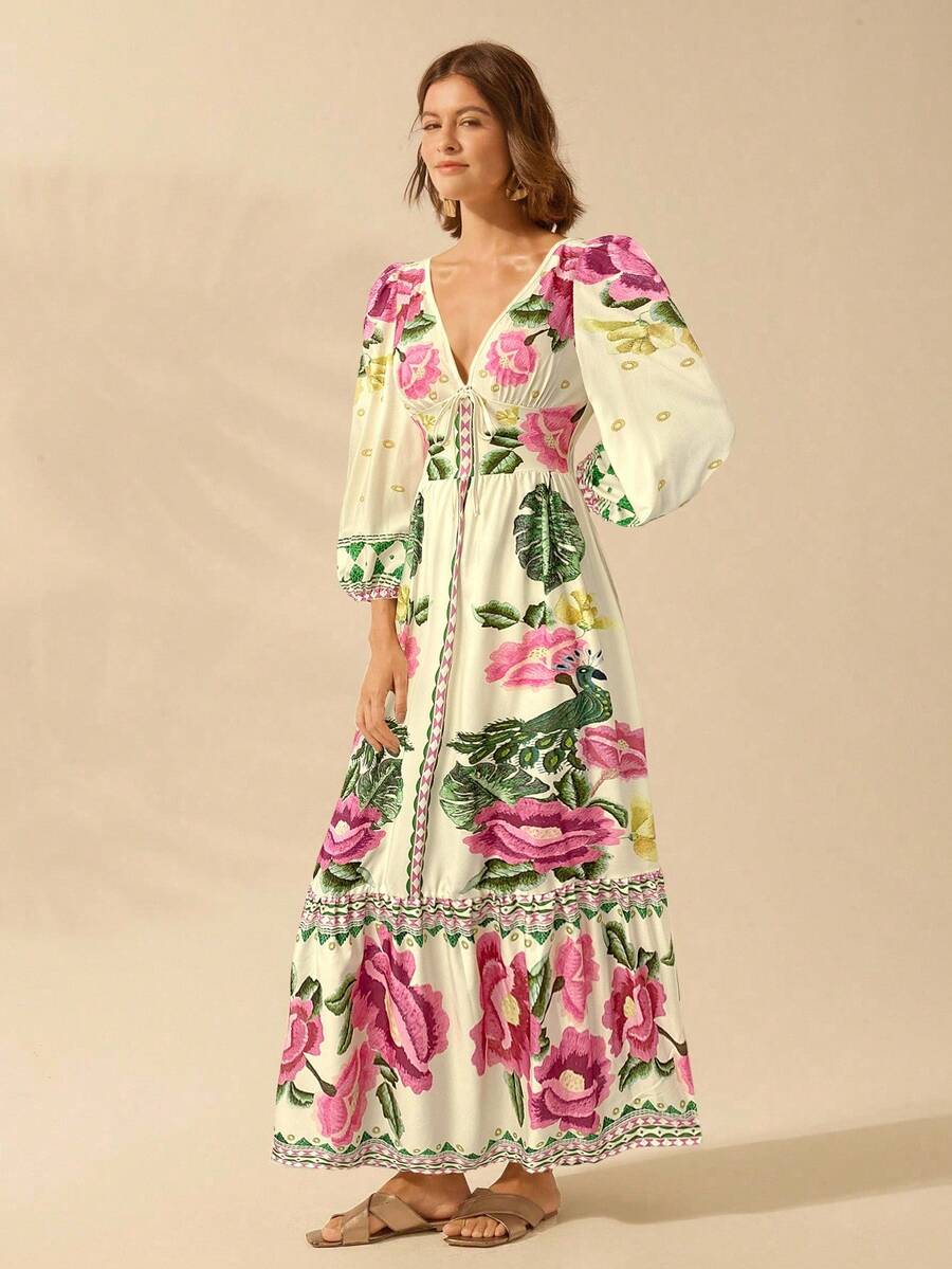 V-Neck Floral Print Lantern Sleeve Tie Front A-Line Maxi Dress 11