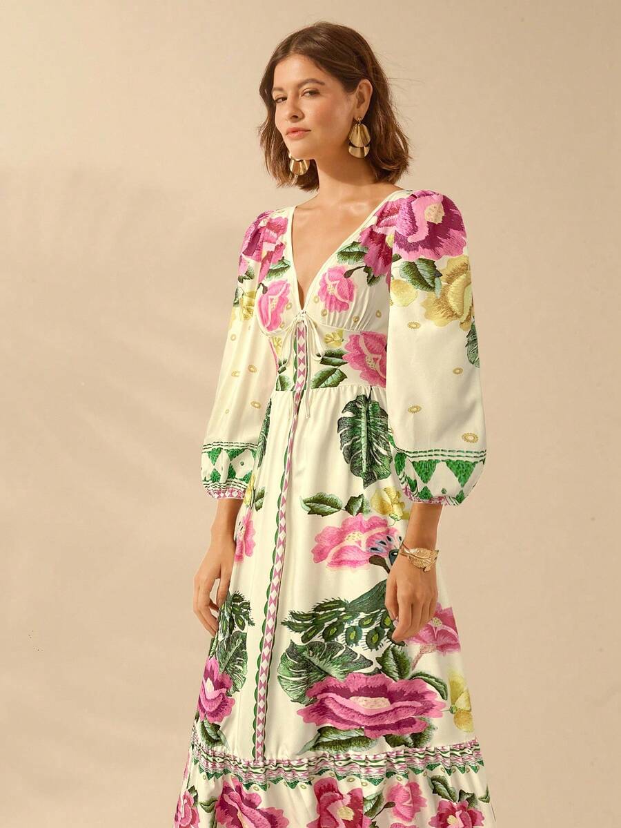 V-Neck Floral Print Lantern Sleeve Tie Front A-Line Maxi Dress 12