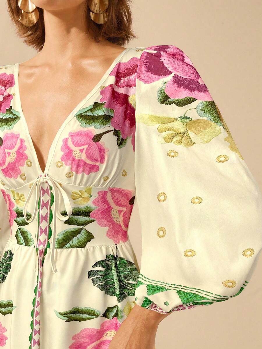 V-Neck Floral Print Lantern Sleeve Tie Front A-Line Maxi Dress 13