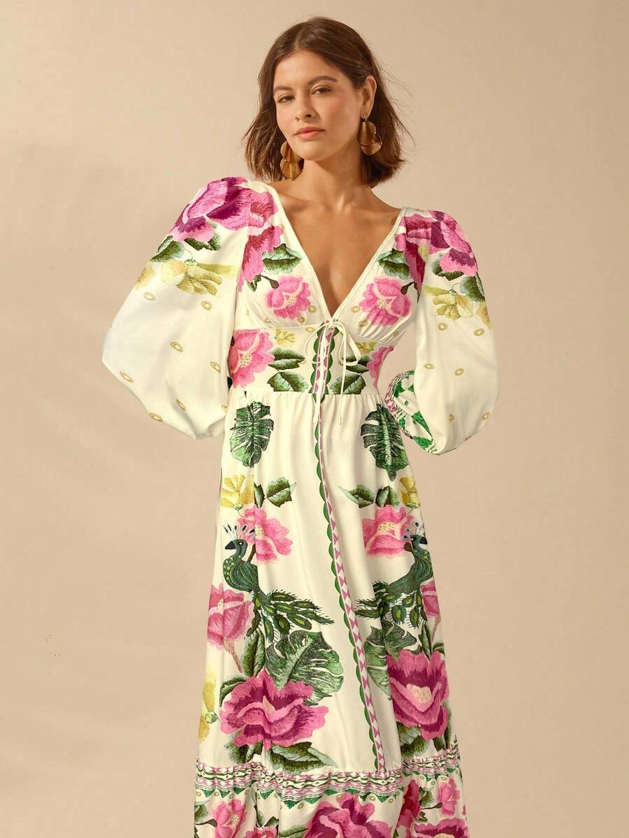 V-Neck Floral Print Lantern Sleeve Tie Front A-Line Maxi Dress 14