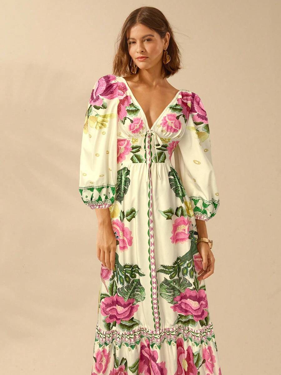 V-Neck Floral Print Lantern Sleeve Tie Front A-Line Maxi Dress 15