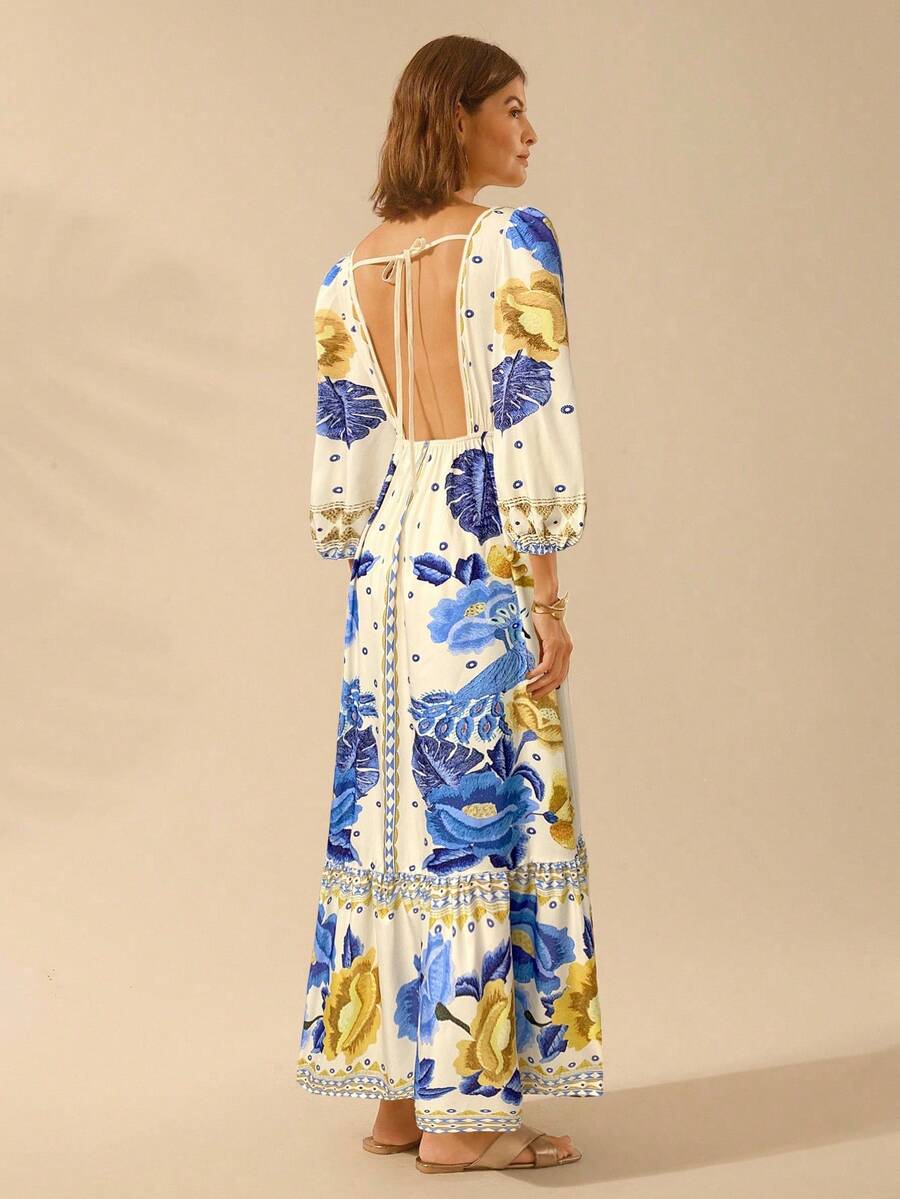V-Neck Floral Print Lantern Sleeve Tie Front A-Line Maxi Dress 24