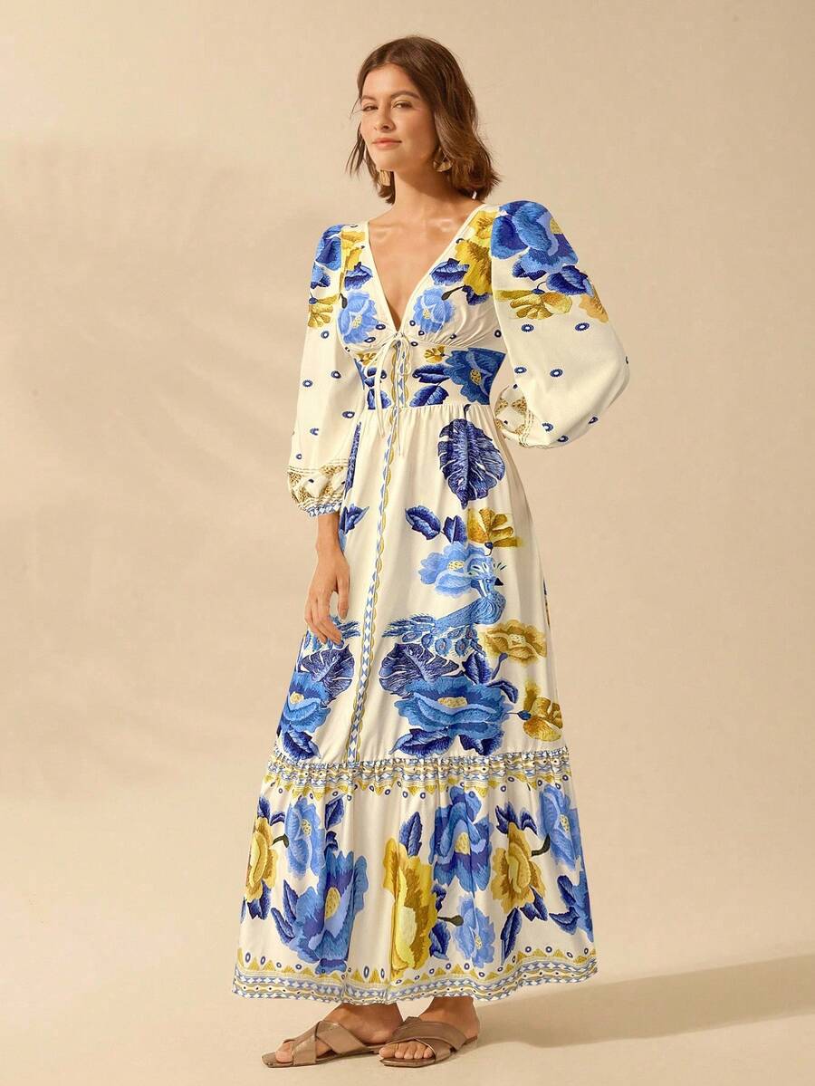 V-Neck Floral Print Lantern Sleeve Tie Front A-Line Maxi Dress 25