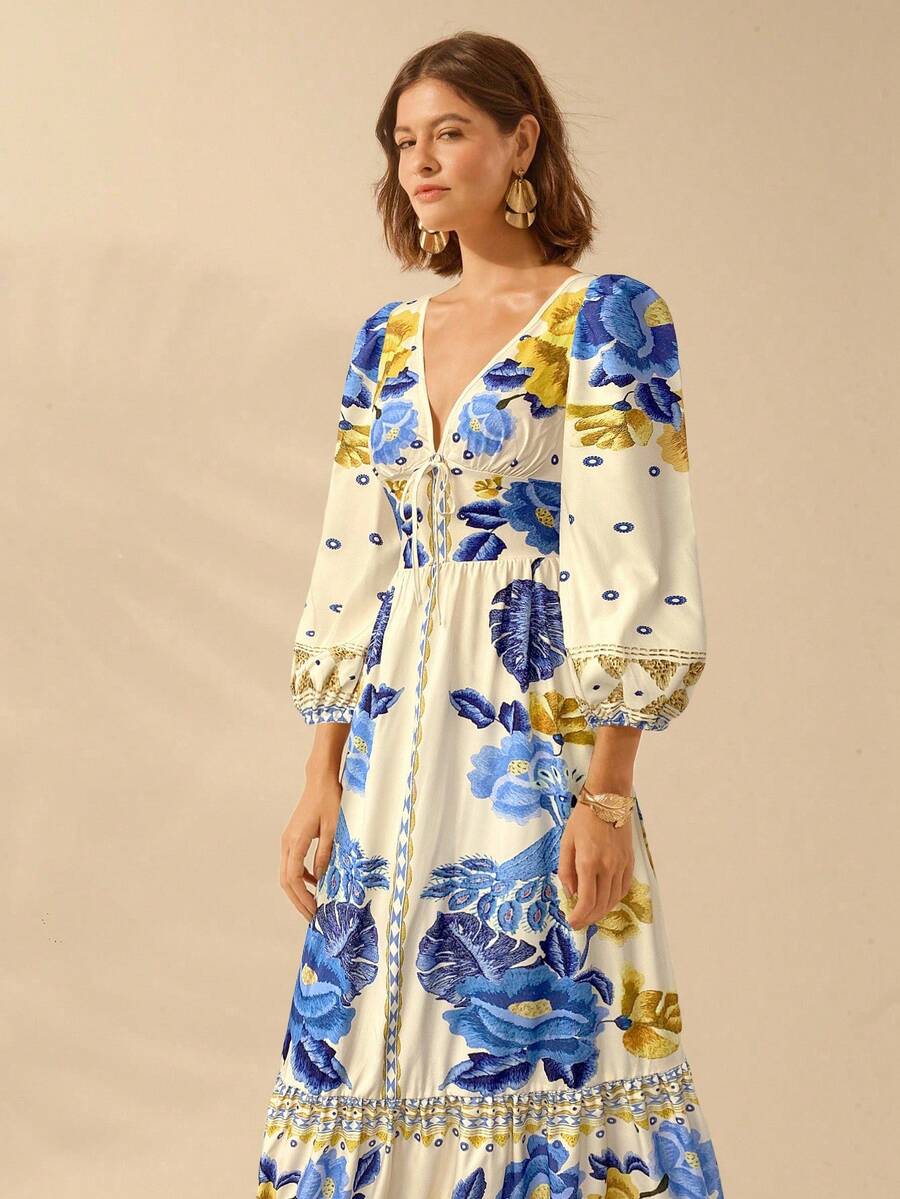V-Neck Floral Print Lantern Sleeve Tie Front A-Line Maxi Dress 26
