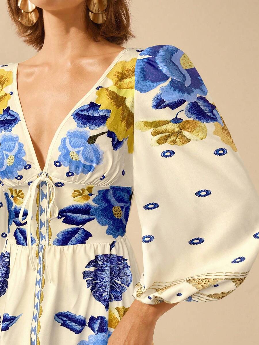 V-Neck Floral Print Lantern Sleeve Tie Front A-Line Maxi Dress 27