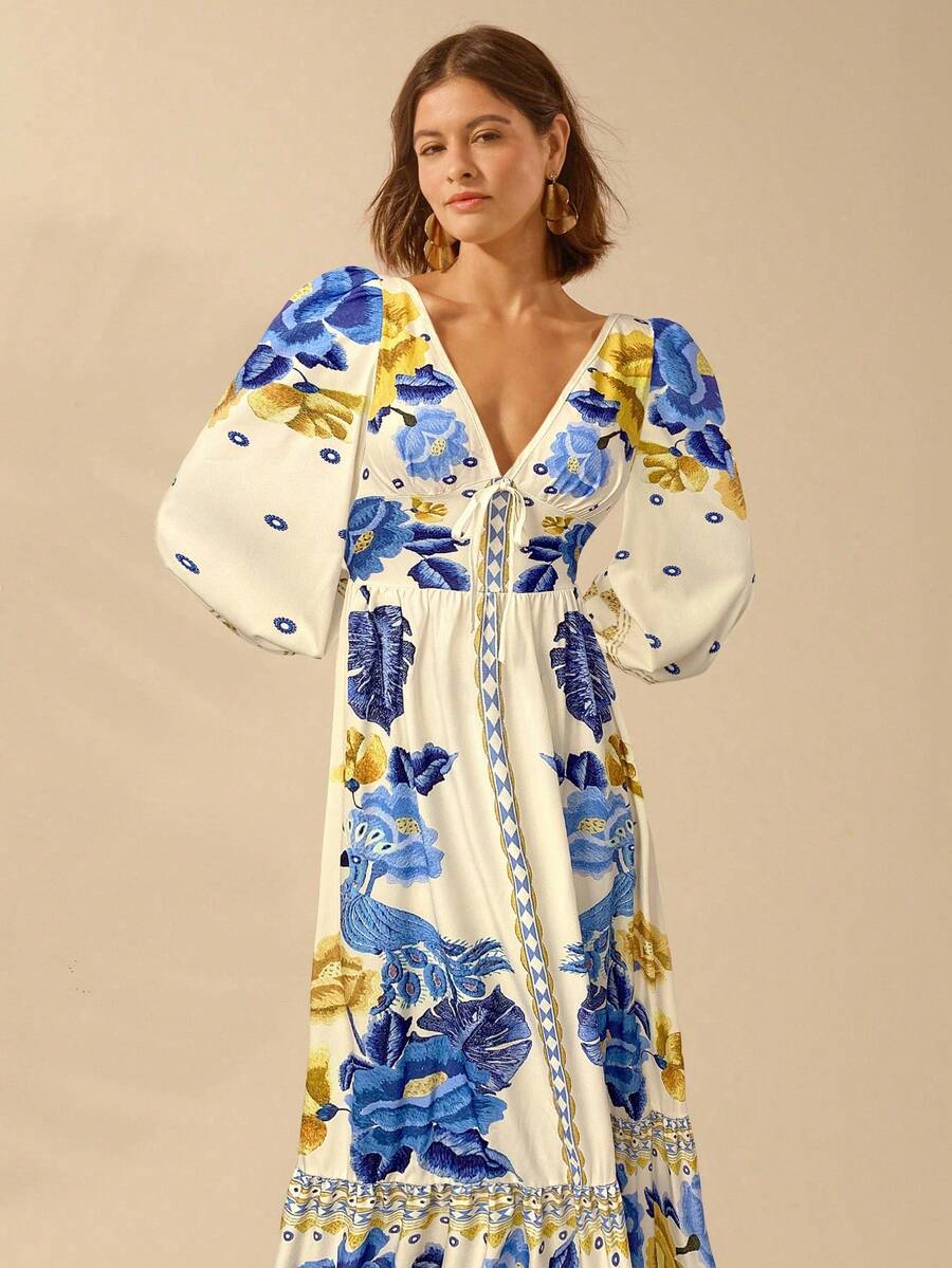 V-Neck Floral Print Lantern Sleeve Tie Front A-Line Maxi Dress 28