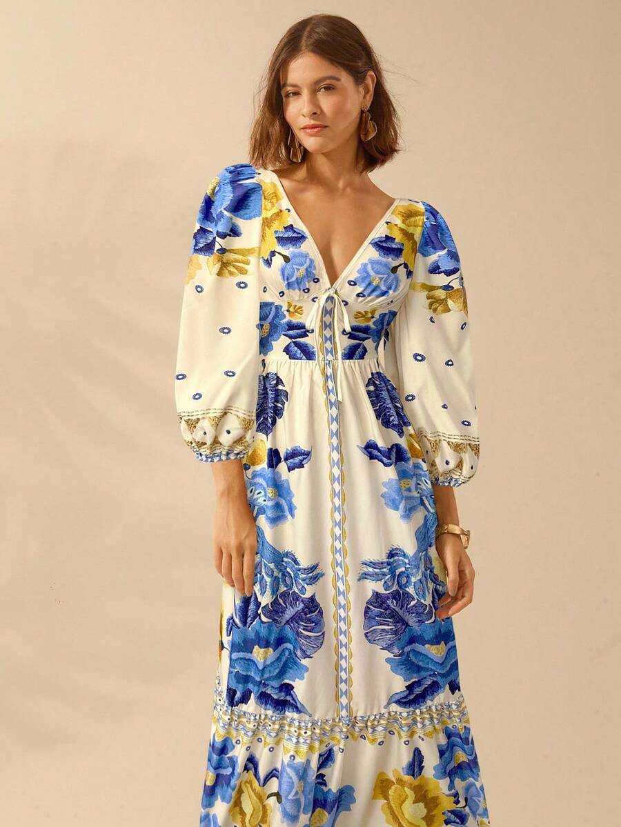 V-Neck Floral Print Lantern Sleeve Tie Front A-Line Maxi Dress 29