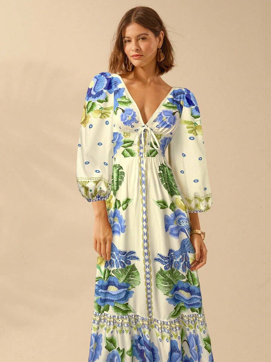 V-Neck Floral Print Lantern Sleeve Tie Front A-Line Maxi Dress 16