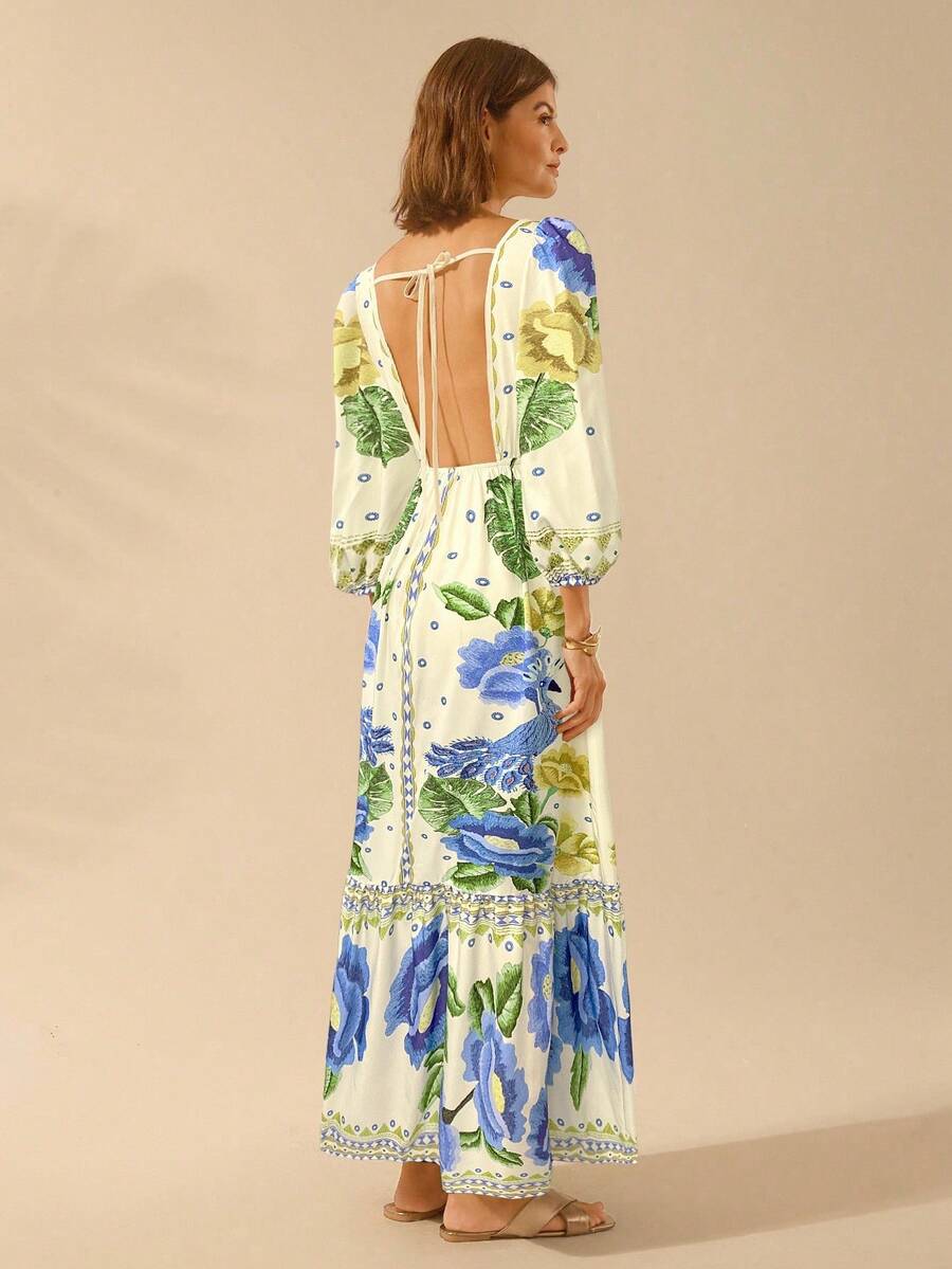 V-Neck Floral Print Lantern Sleeve Tie Front A-Line Maxi Dress 17