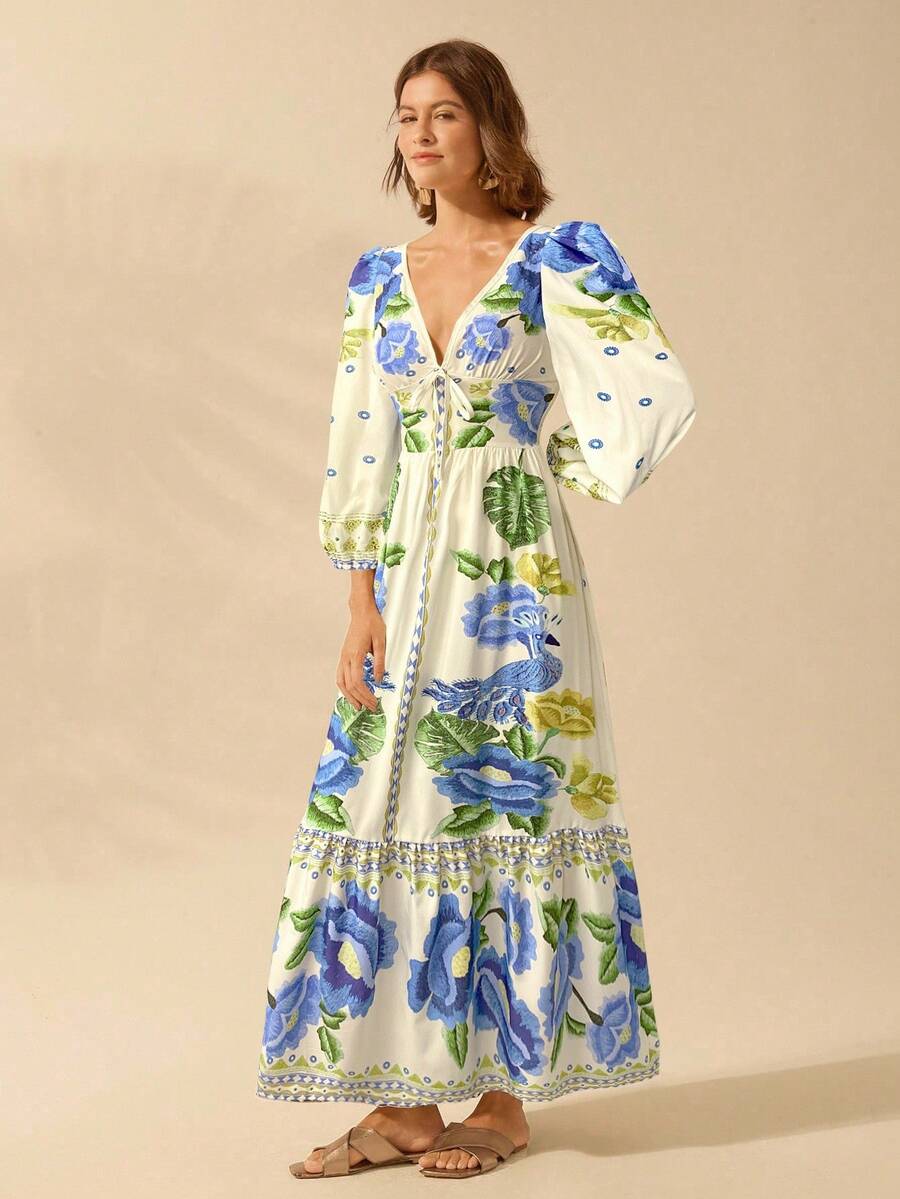 V-Neck Floral Print Lantern Sleeve Tie Front A-Line Maxi Dress 18