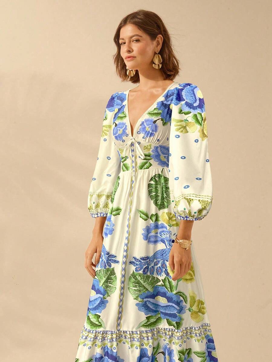V-Neck Floral Print Lantern Sleeve Tie Front A-Line Maxi Dress 19