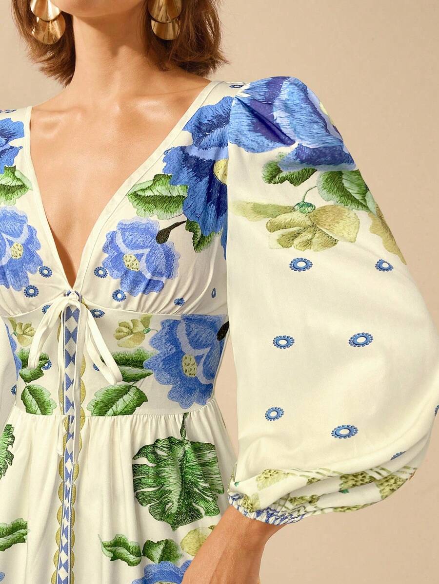 V-Neck Floral Print Lantern Sleeve Tie Front A-Line Maxi Dress 20