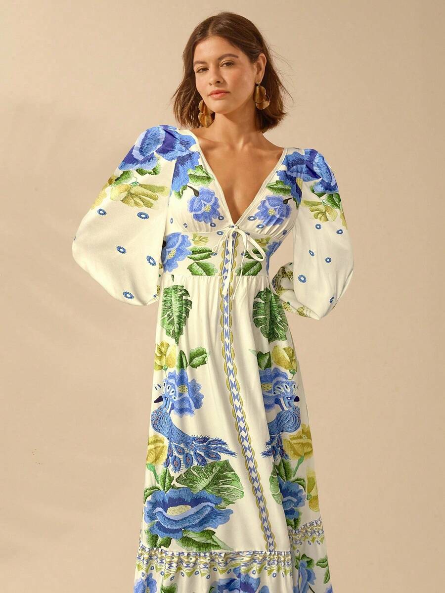 V-Neck Floral Print Lantern Sleeve Tie Front A-Line Maxi Dress 21