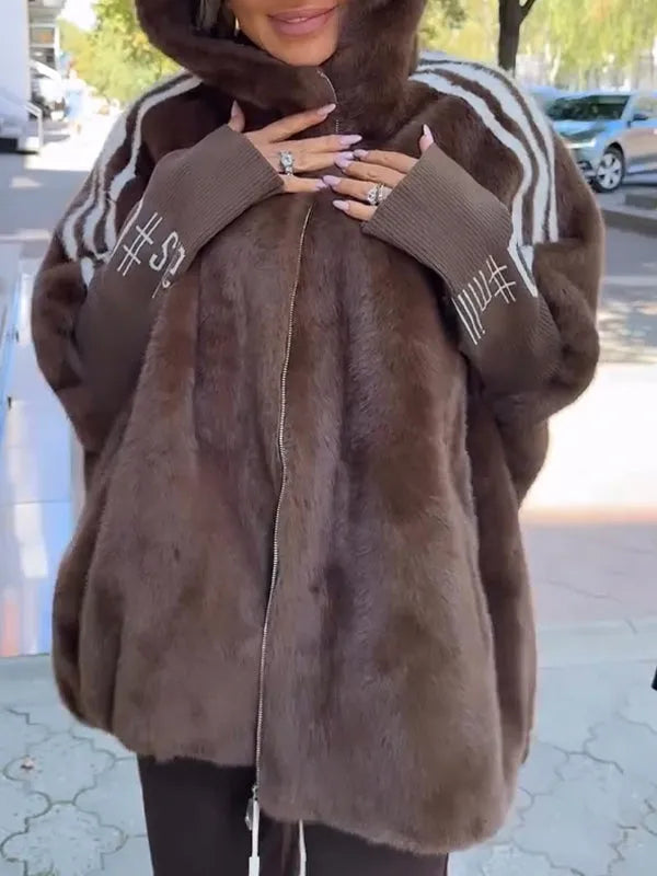 Hooded Faux Fur Striped Sleeve Zip-Up Jacket