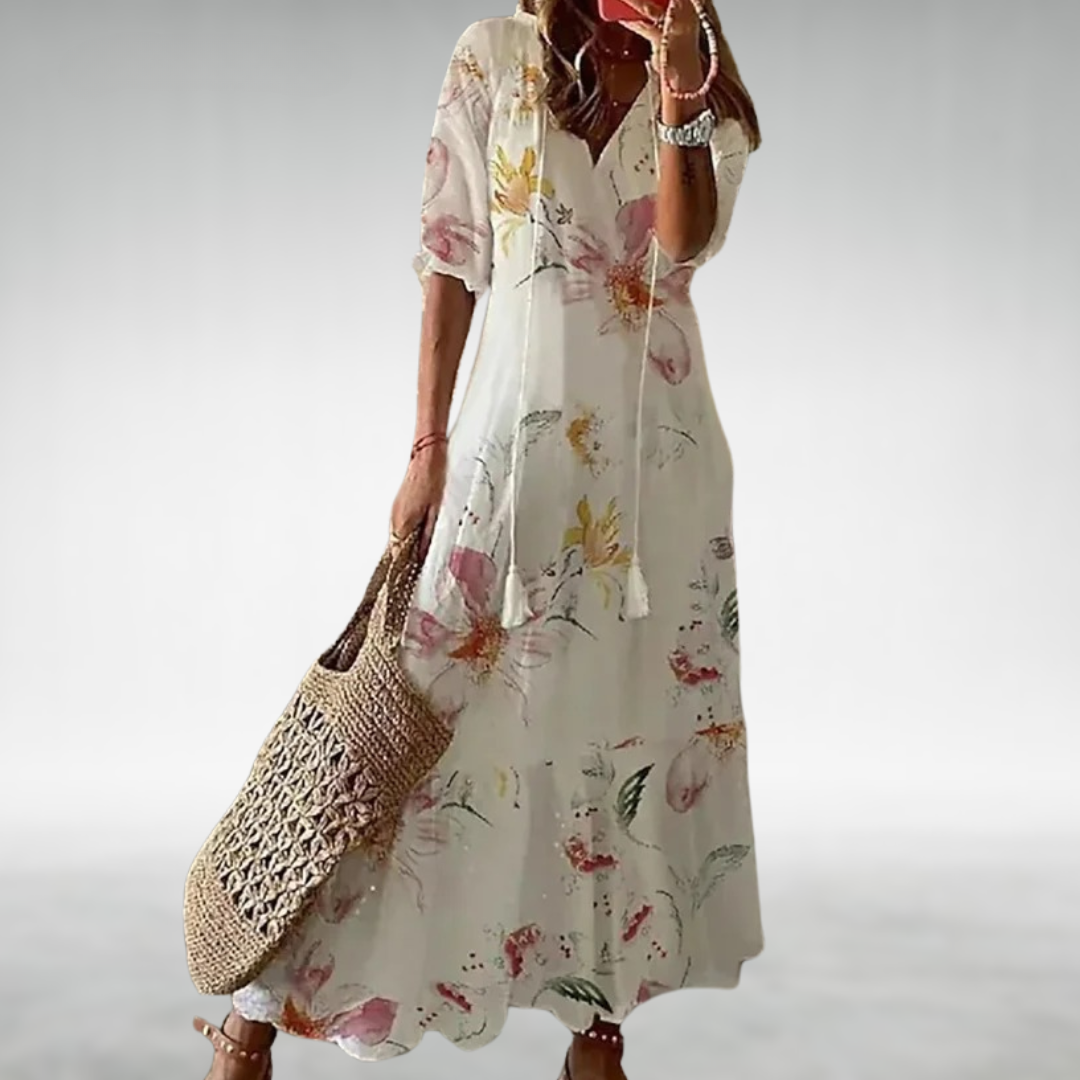 V-Neck Tie Floral Half Sleeve Flowy A-Line Maxi Dress