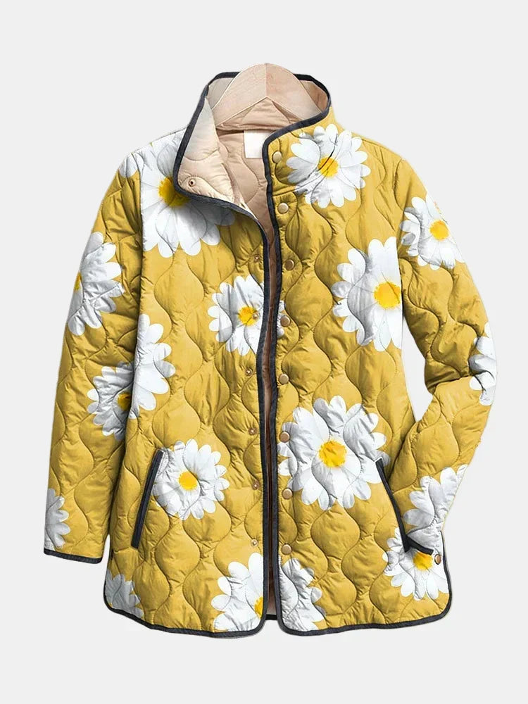 Yellow Daisy Floral Stand Collar Snap Button Quilted Jacket
