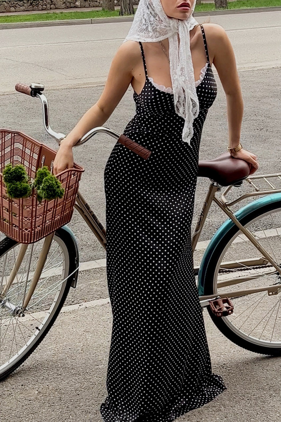 Black Polka Dot Lace Trim Cami Maxi With Side Slit Dress