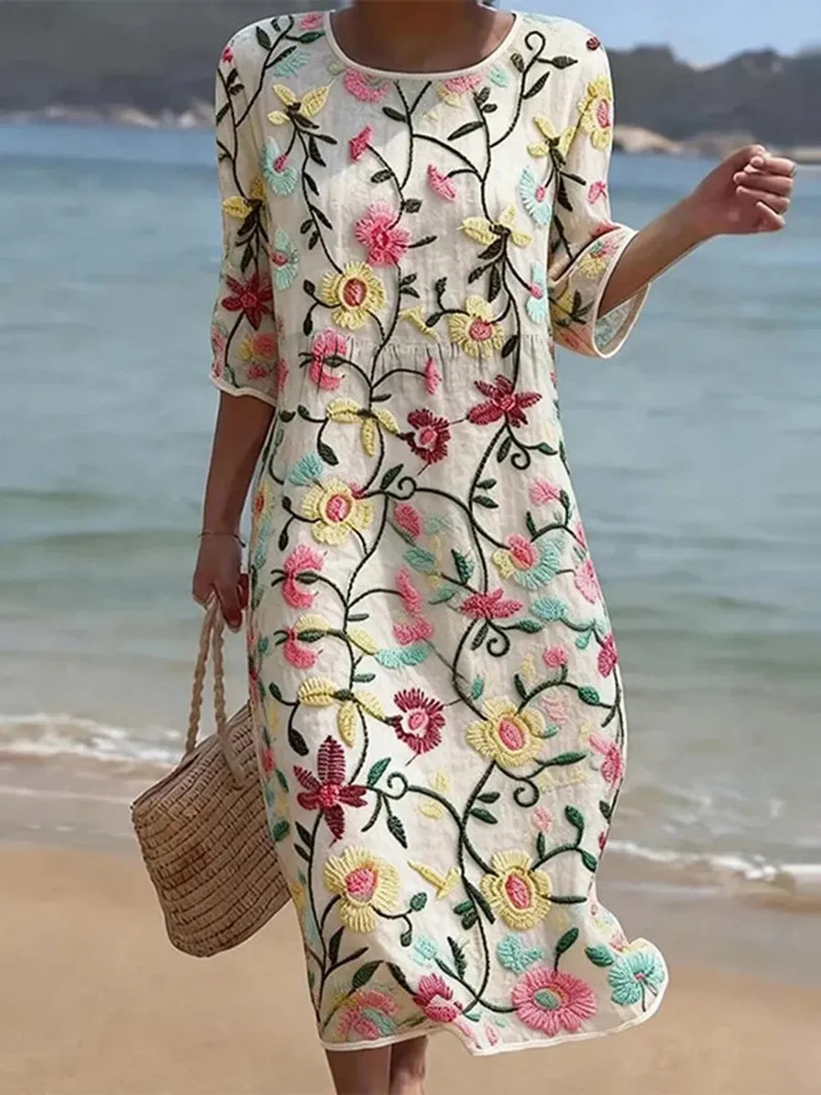 Round Neck Half Sleeve Floral Embroidered A-Line Midi Dress