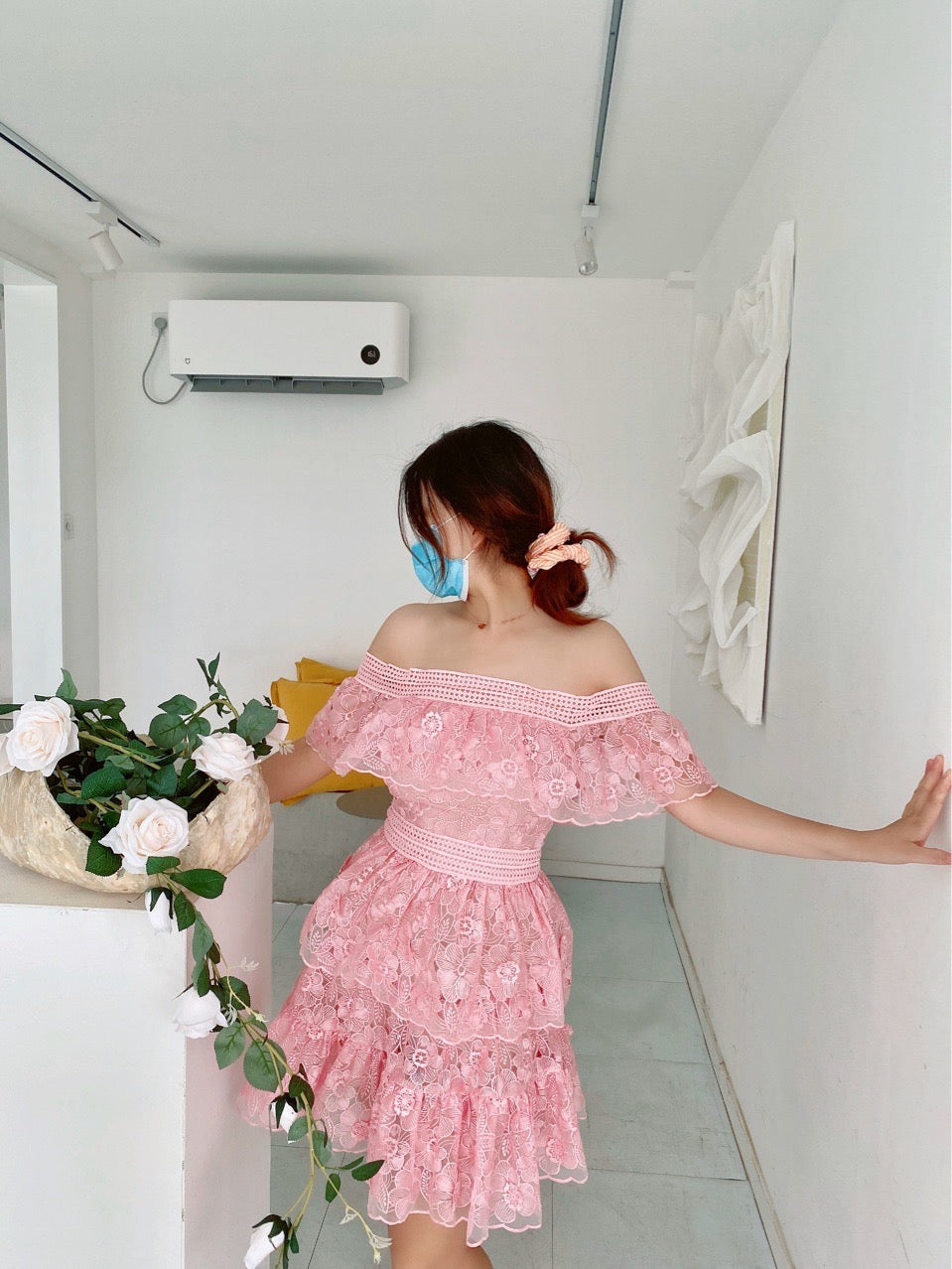 Blush Pink Off-Shoulder Floral Lace Embroidered Tiered Ruffle A-Line Mini Dress