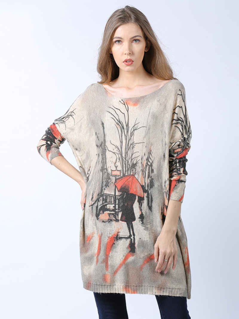 Khaki Boat Neck Batwing Sleeve Scenic Print Loose Knit Tunic Sweater