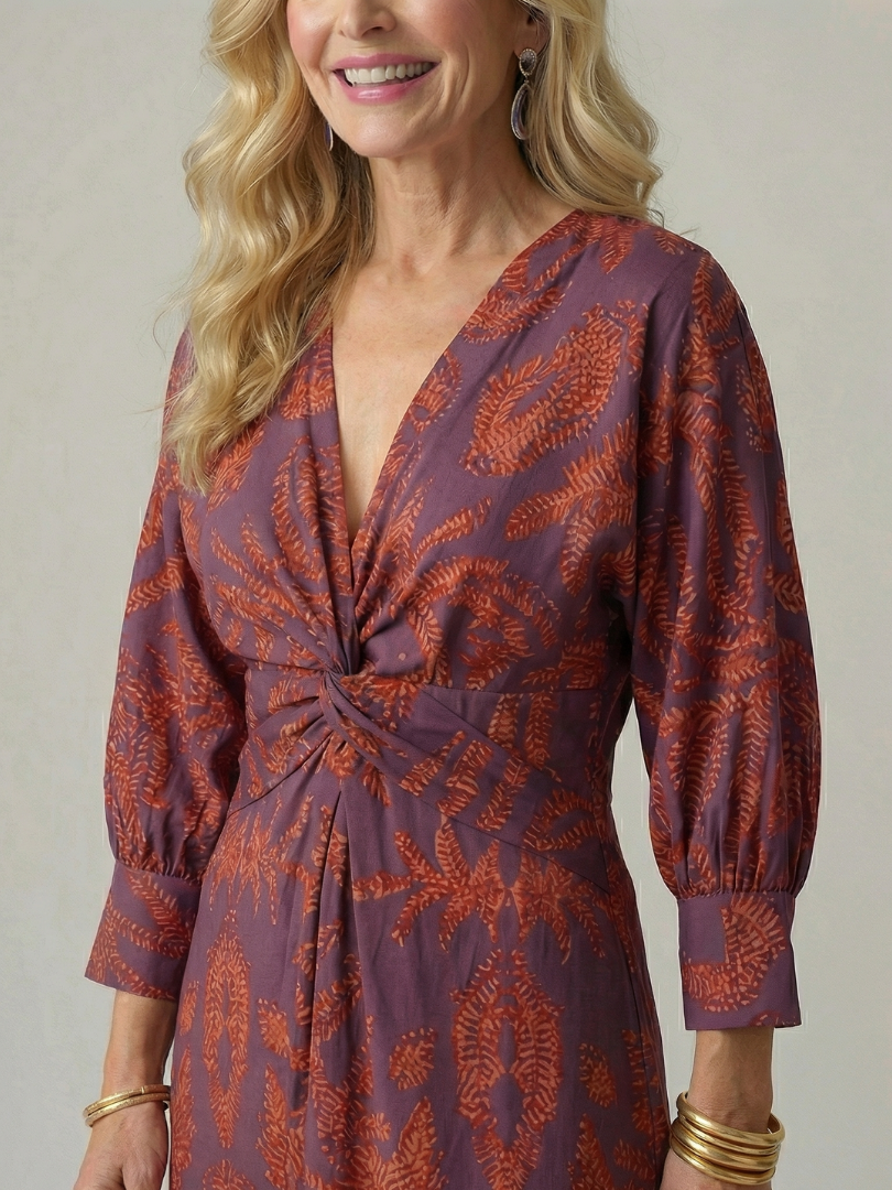 V-Neck Twist Front Long Sleeve Abstract Print Sheath Midi Dress