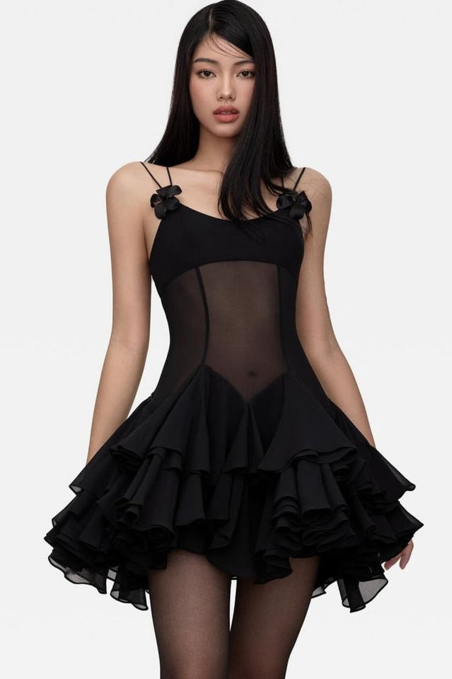 Ganili Spaghetti Sheer Charming Ruffle Mini Dress