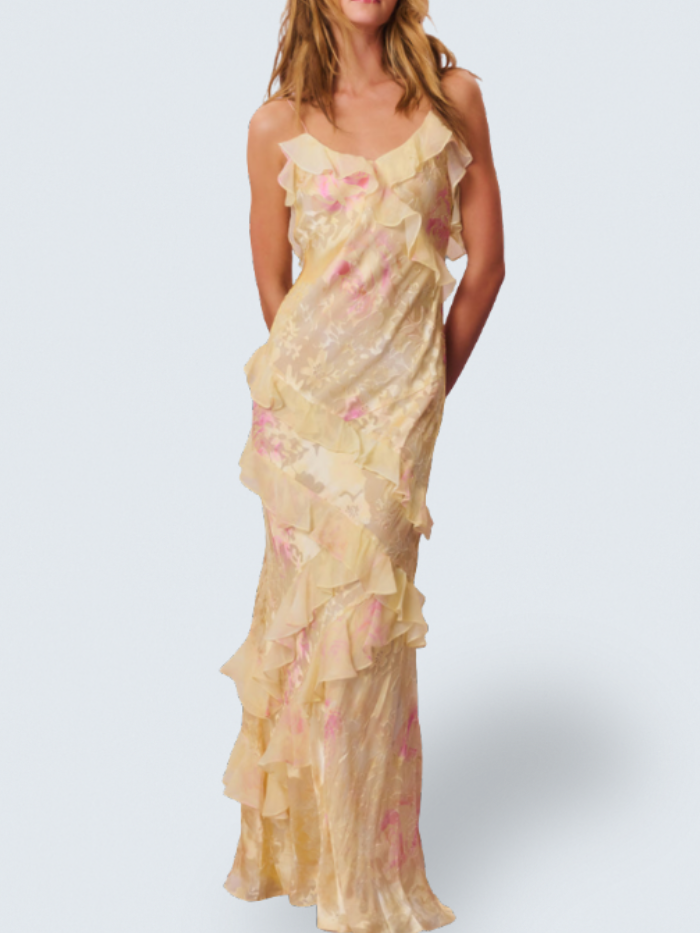 Scoop Neck Floral Chiffon Cascading Ruffle Bias Maxi Dress