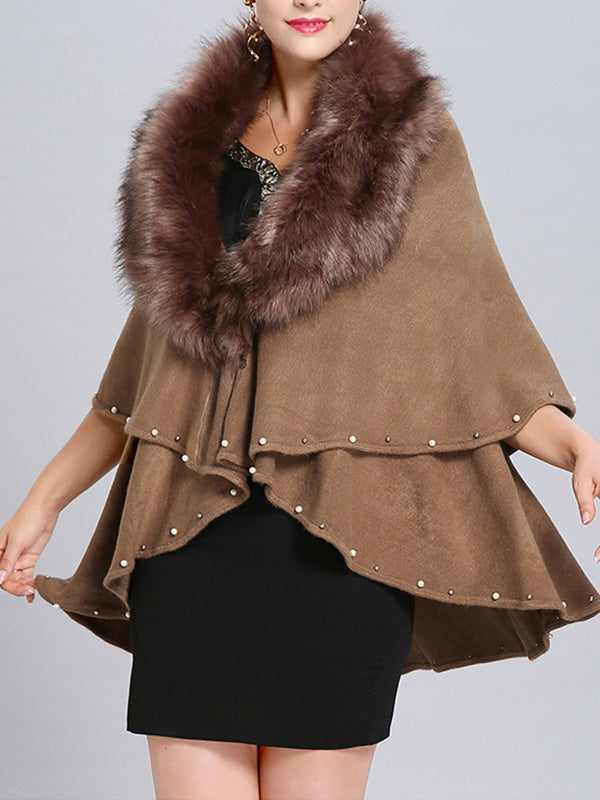 Fur Collar Pearl Trim Draped Knit Cape Cardigan 16