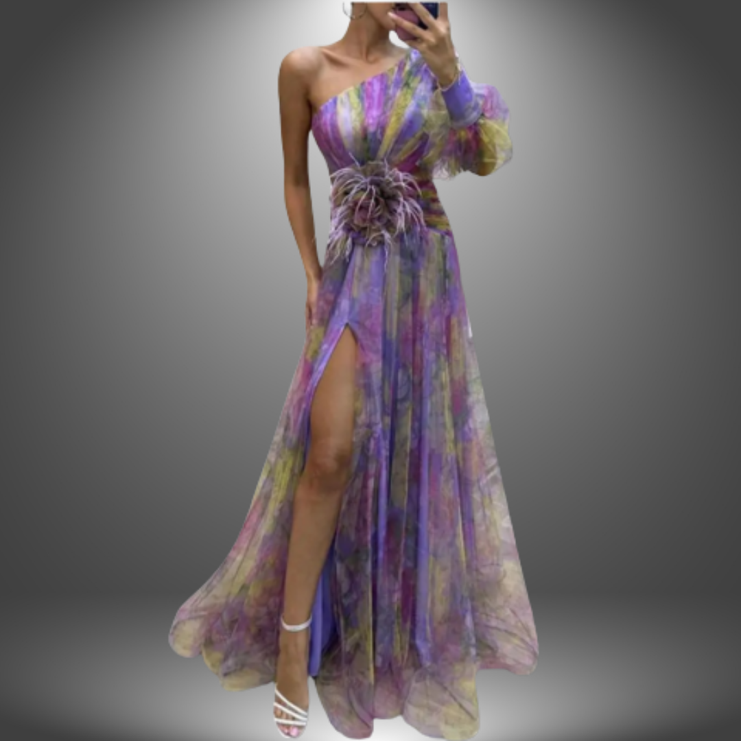 One-Shoulder Watercolor Print Feather Waist High Slit Tulle Maxi Gown 3