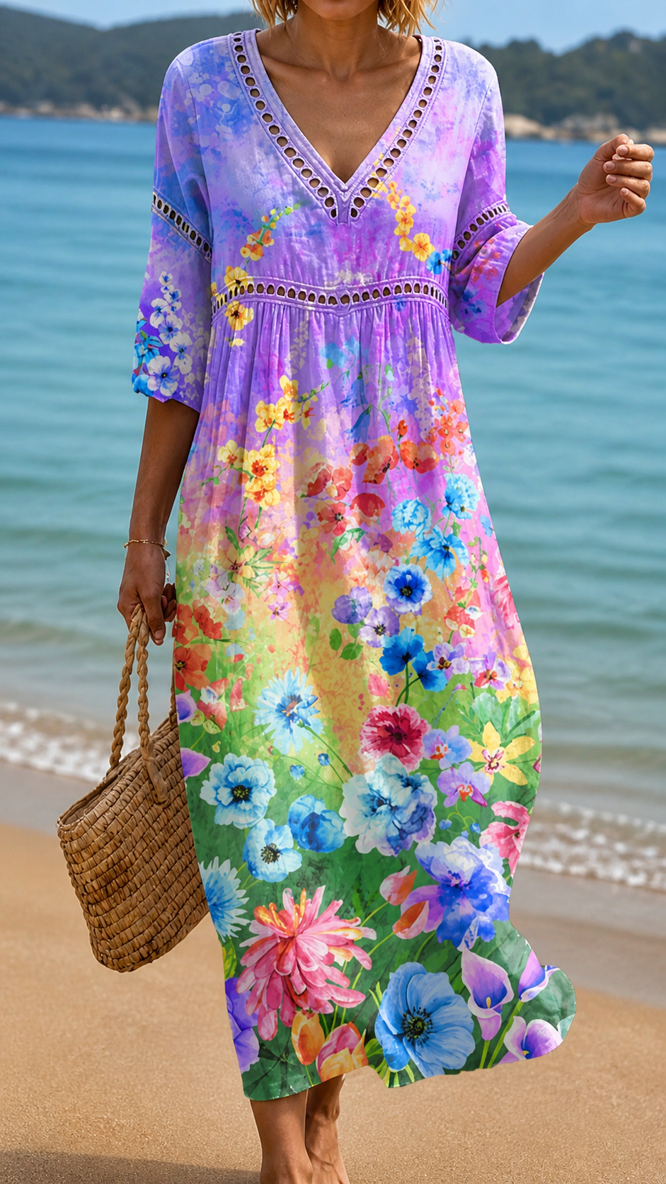 V-Neck Crochet Trim Watercolor Floral Empire Waist Maxi Dress