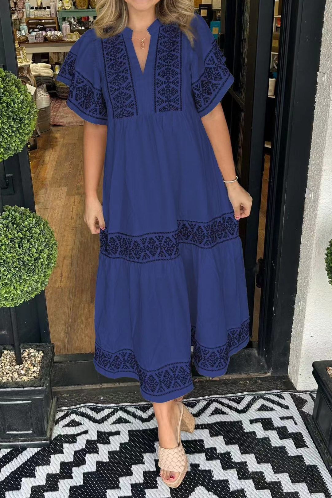 V Neck Short Sleeve Geometric Embroidery Tiered Midi Dress 6