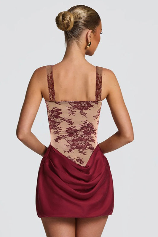 Square Neck Lace Print Ruched Patchwork Slip Dress
