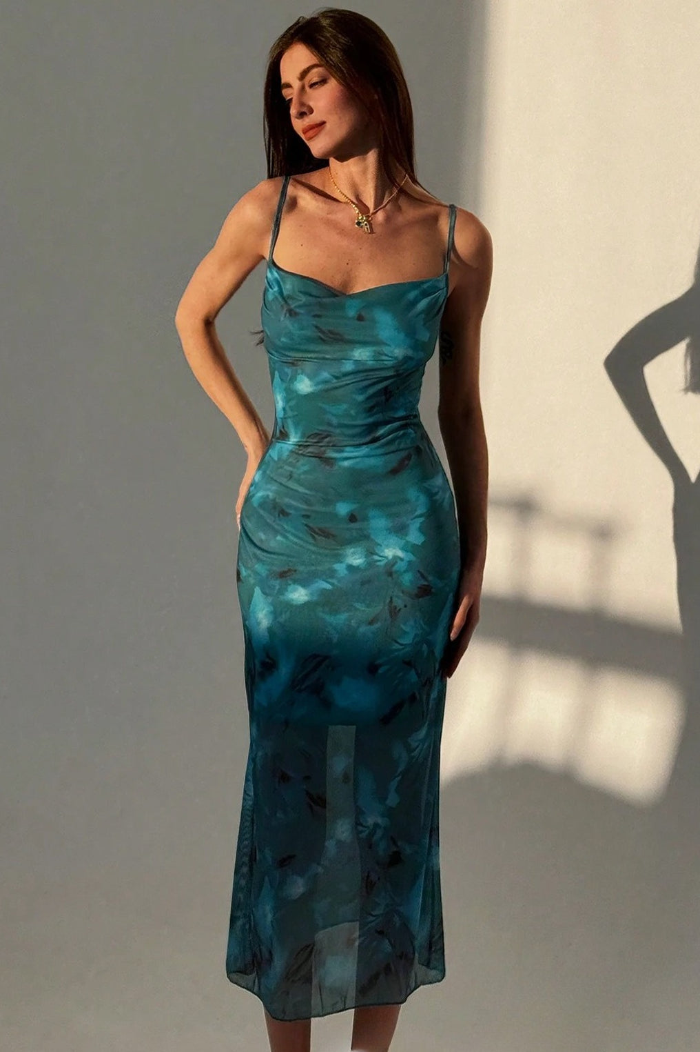 Green Cowl Neck Spaghetti Strap Abstract Marble Print Sheer Hem Midi Dress 5