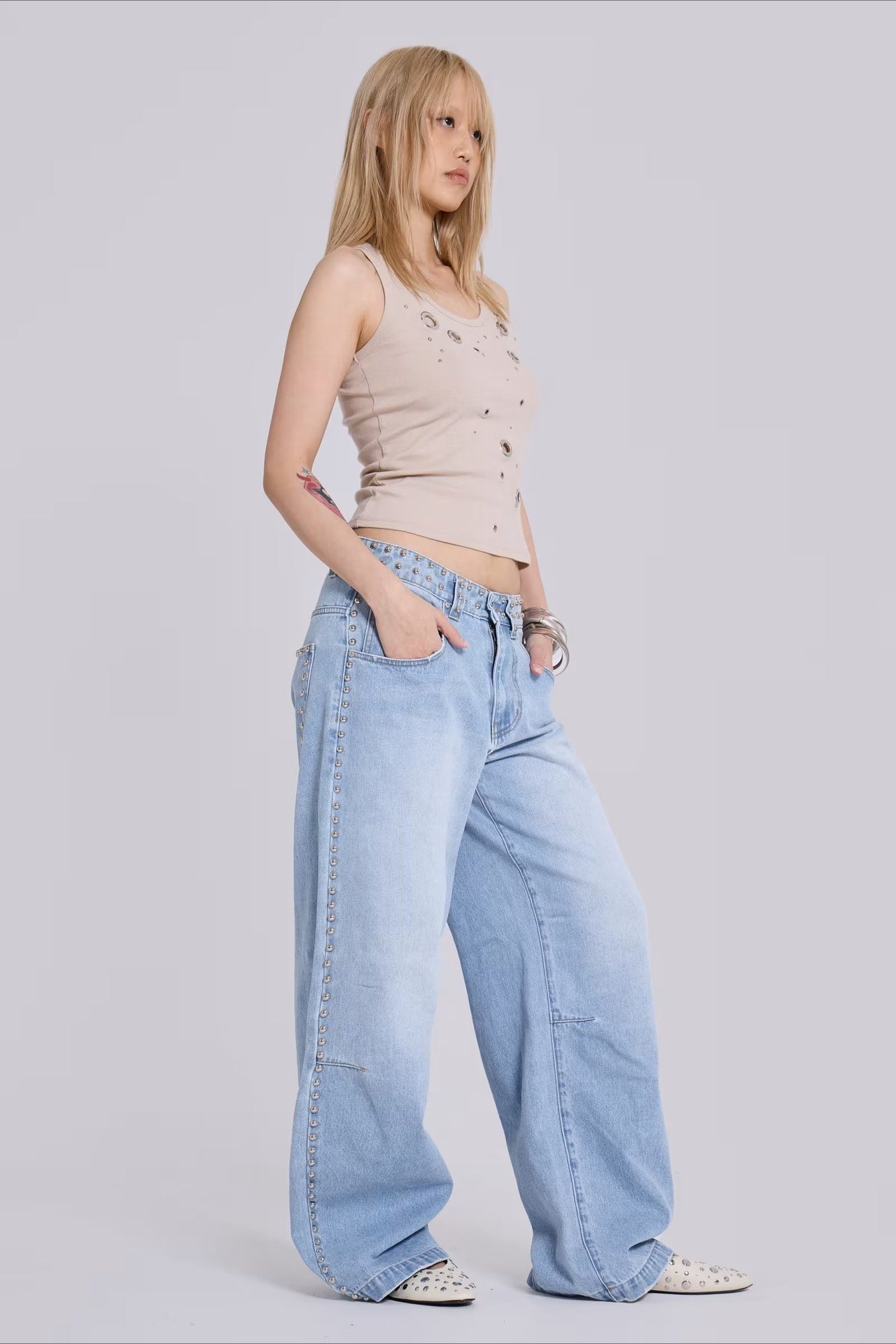 Beaded Wide Leg Denim Jeans