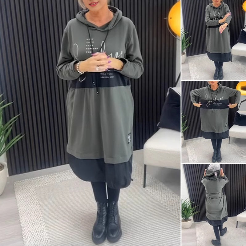 Hooded Drawstring Letter Print Oversized Cocoon Sweatshirt Dress