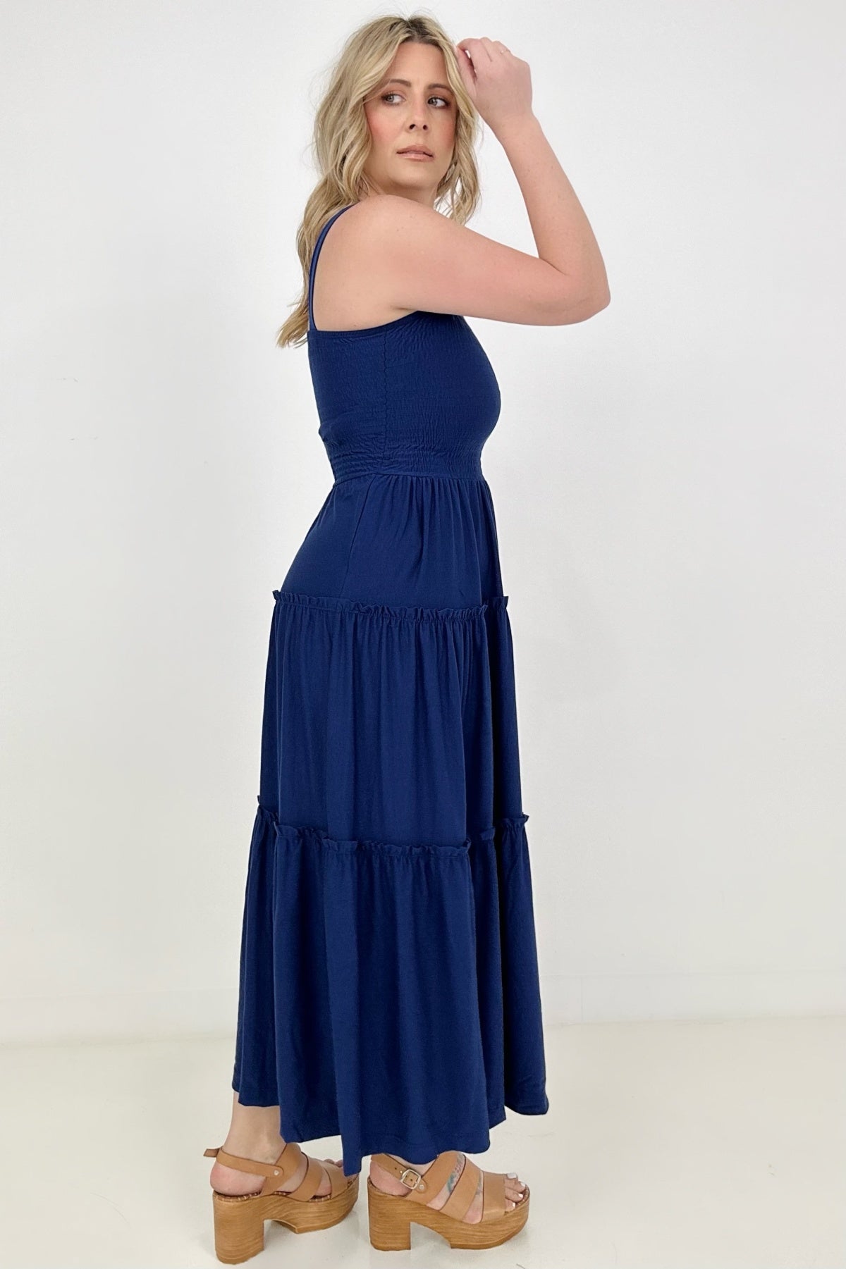 Square Neck Smocked Tiered A-Line Maxi Dress