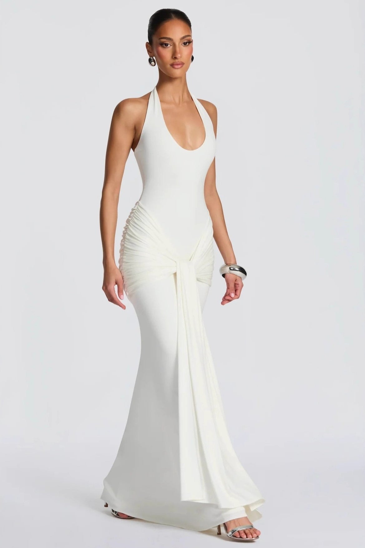 U Neck Halter Sash Panel Bodycon Party Dress