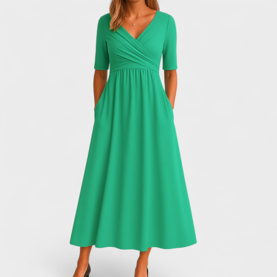 Surplice V-Neck Short Sleeve Pocket A-Line Midi Dress 5