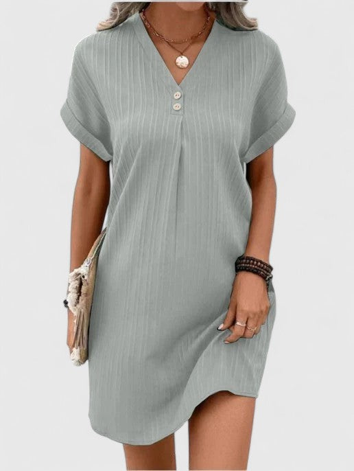 Notch V-Neck Button Textured Short Sleeve Shift Mini Dress