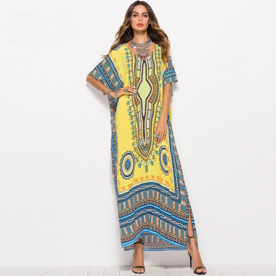 Maxi Kaftan Dress Rayon Ethnic Floral Print Beach Sundress