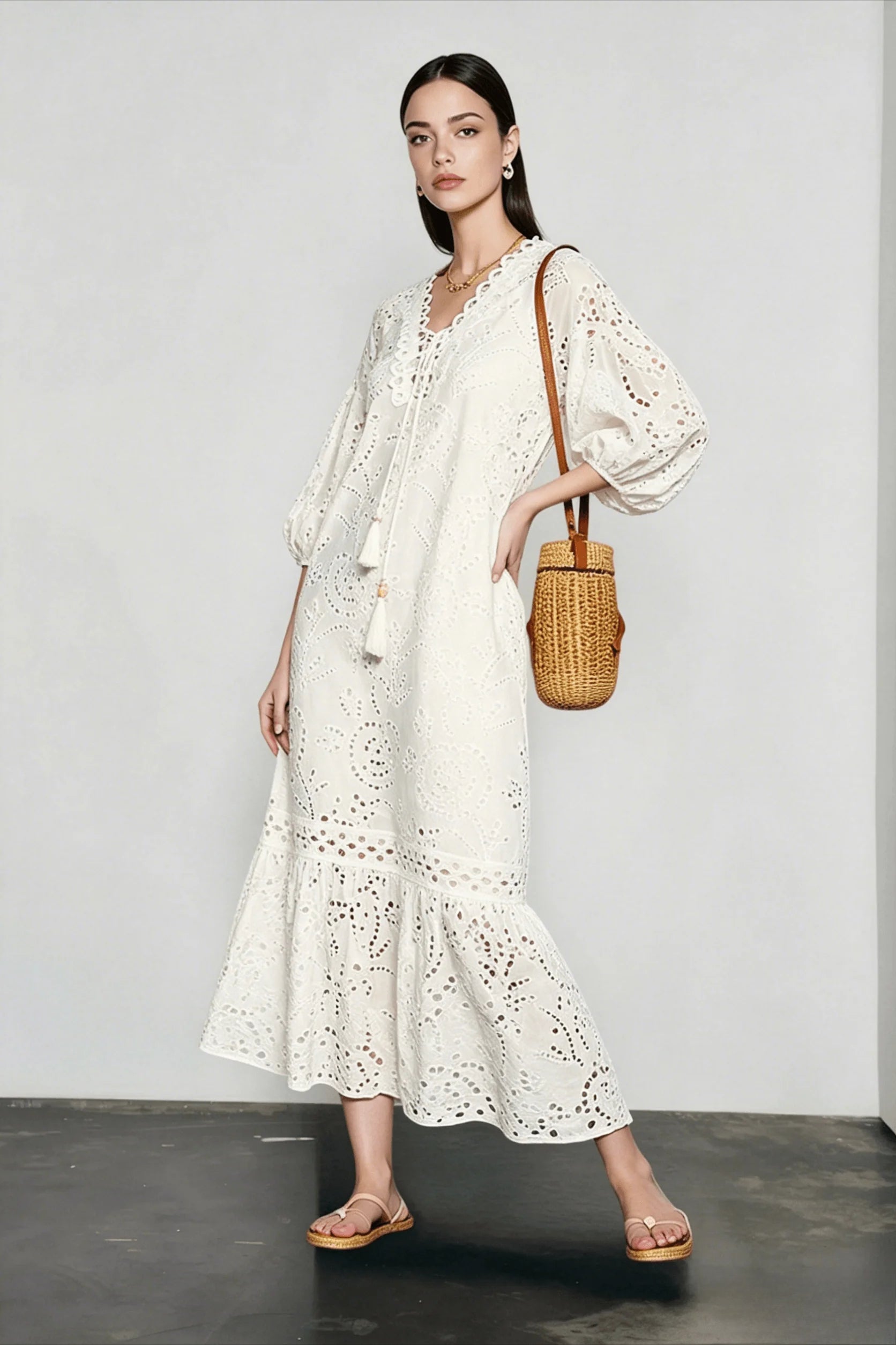 Embroidered Puff Sleeve White Midi Vacation Dress