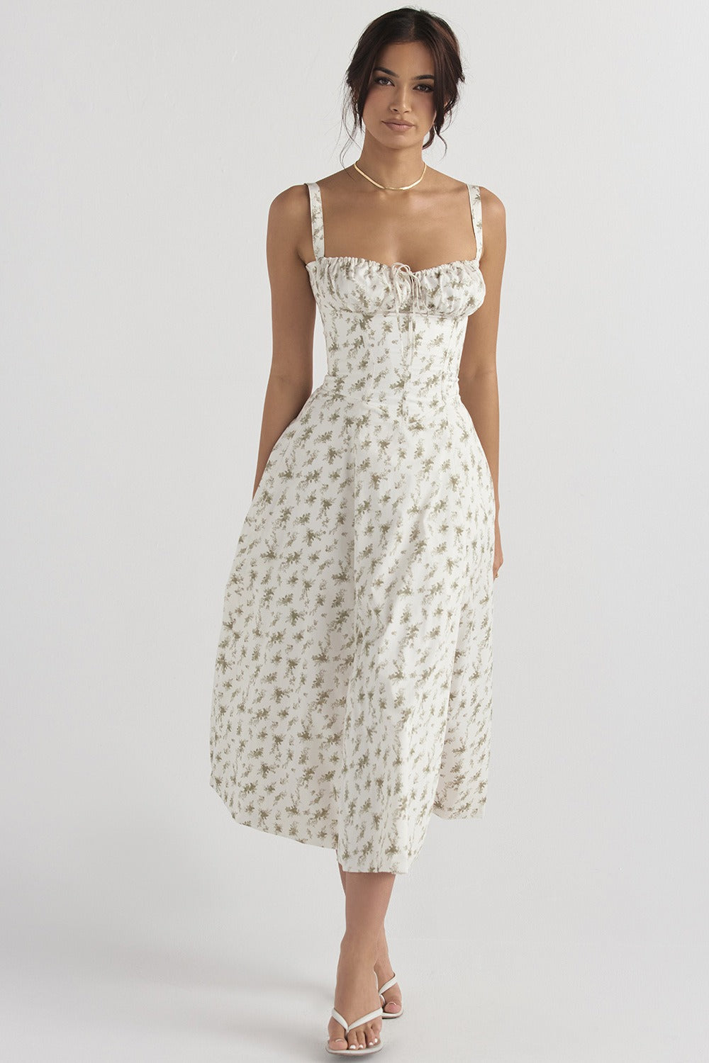 Wide Strap Sweetheart Ruched Bust Toile Floral Print A-Line Midi Dress 10