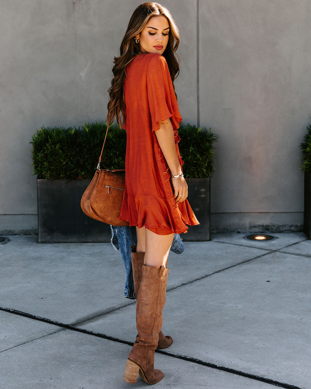 Let's Tango Pocketed Ruffle Dress Terracotta